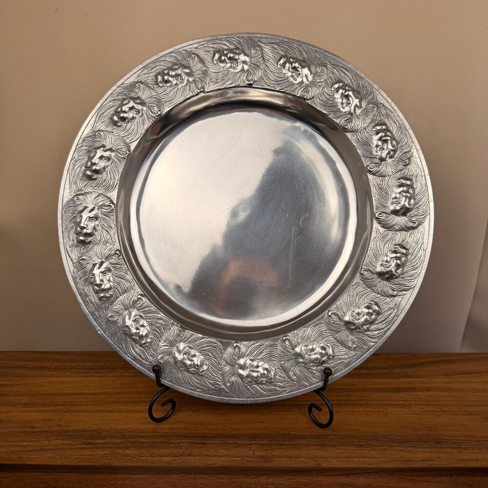 Vintage 1984 12" Arthur Court Lion Head Zodiac Aluminum Serving Platter Plate